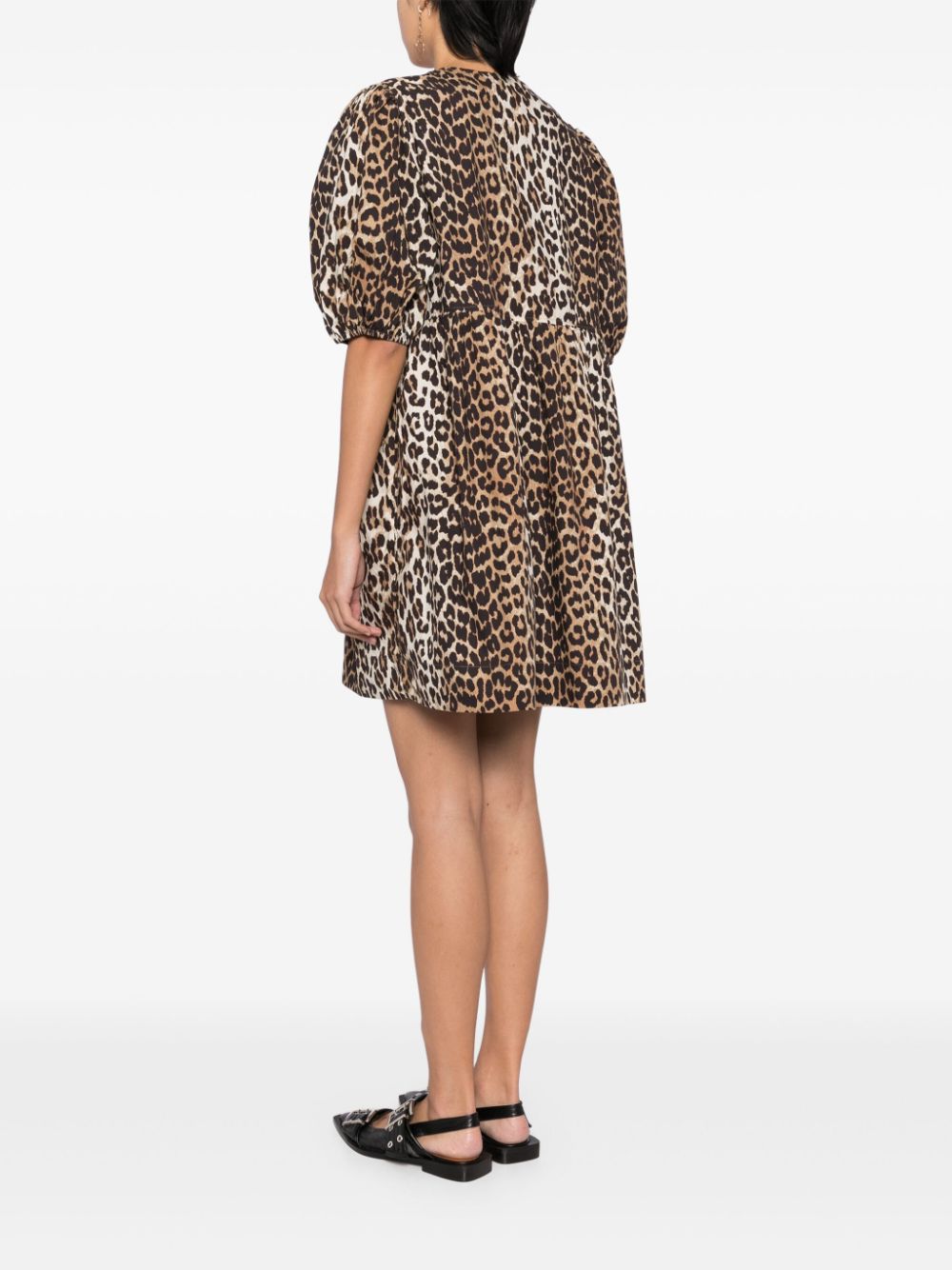 GANNI Leopard Printed Cotton Tie String Mini Dress