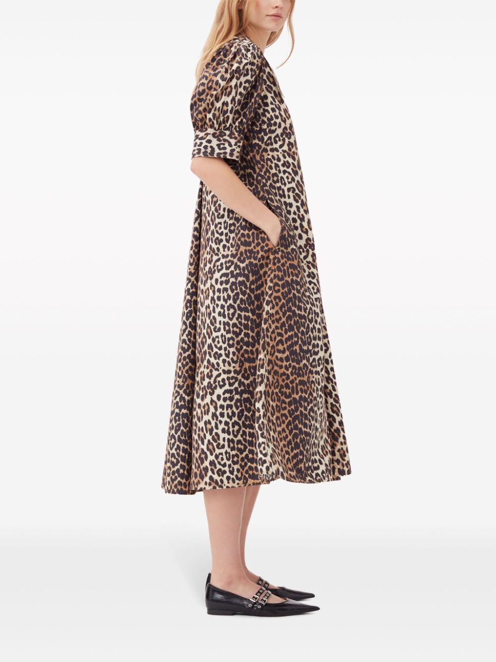 GANNI Leopard Print Midi Dress With Tie Detail