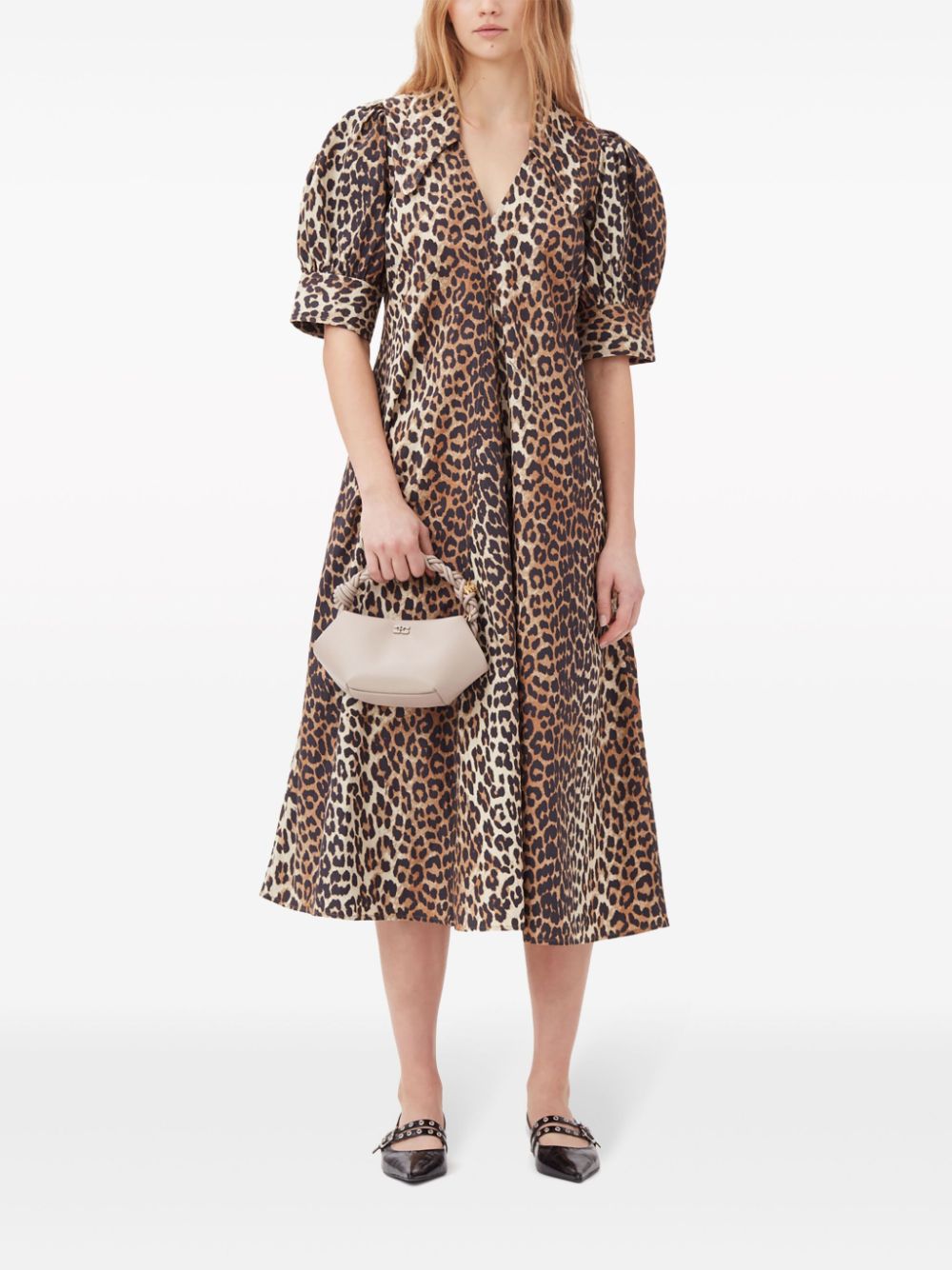 GANNI Leopard Print Midi Dress With Tie Detail