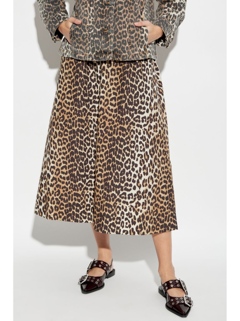 GANNI Leopard Print Midi Skirt Brown