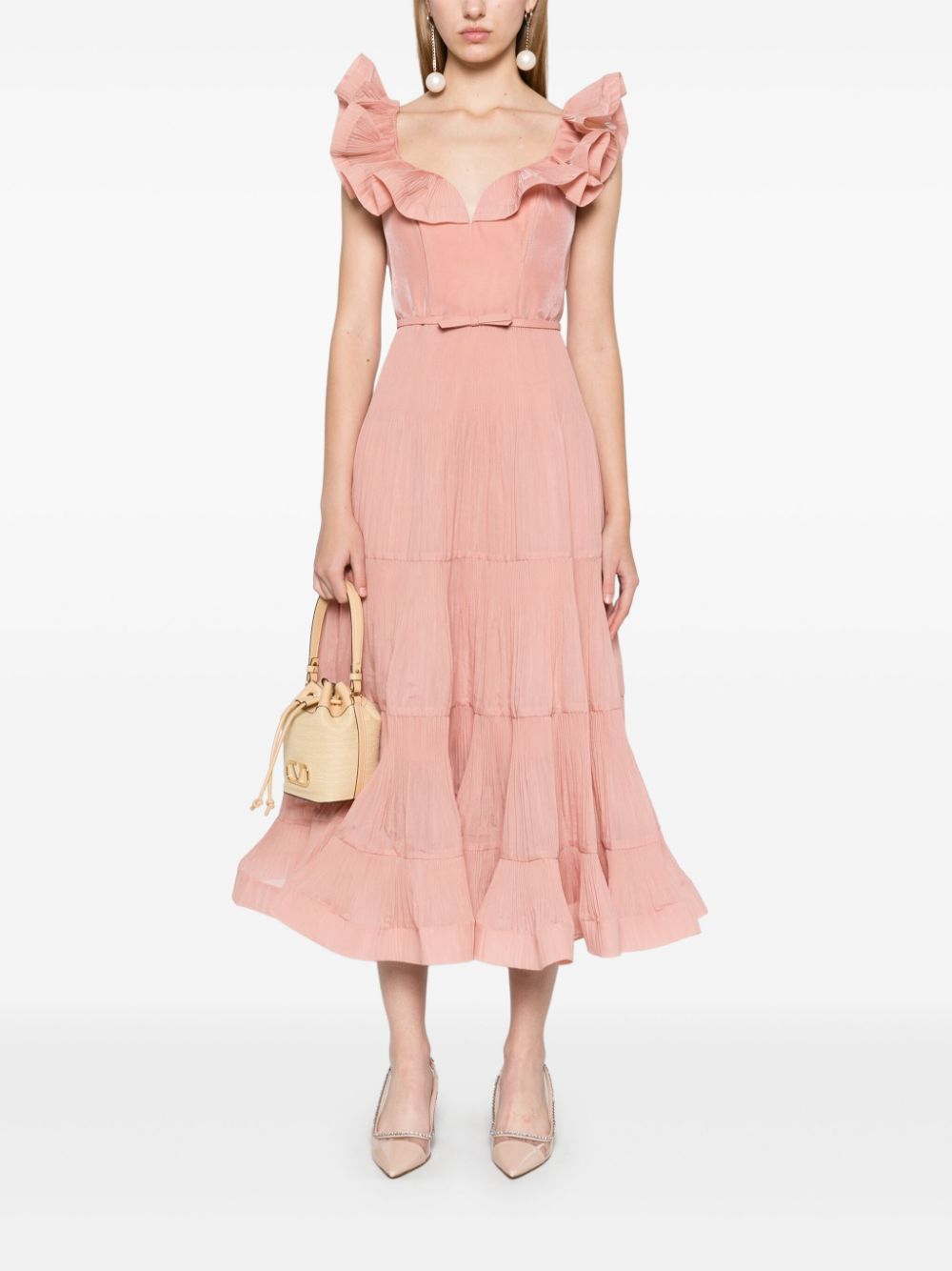 Zimmermann Pleated Frill Midi Dress In Pink