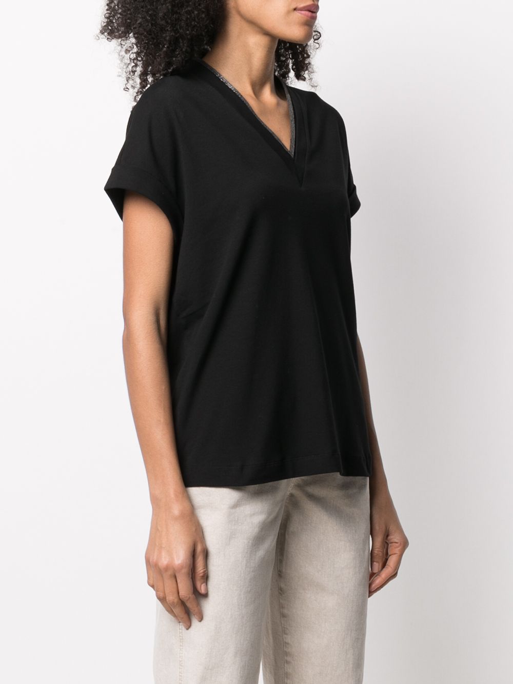 Brunello Cucinelli Black V-Neck Stretch Cotton T-Shirt