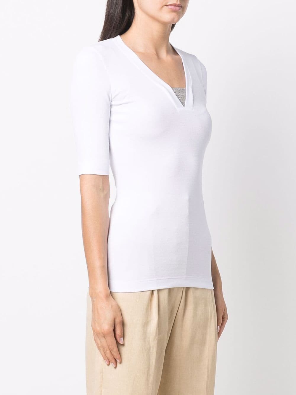 Brunello Cucinelli White V-Neck Cotton Top