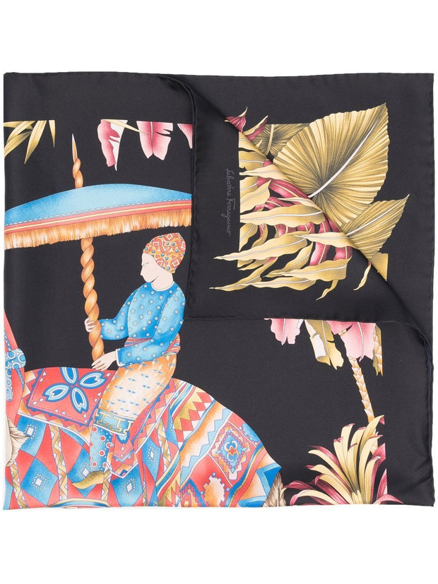 Ferragamo Silk Graphic Print Scarf In Black