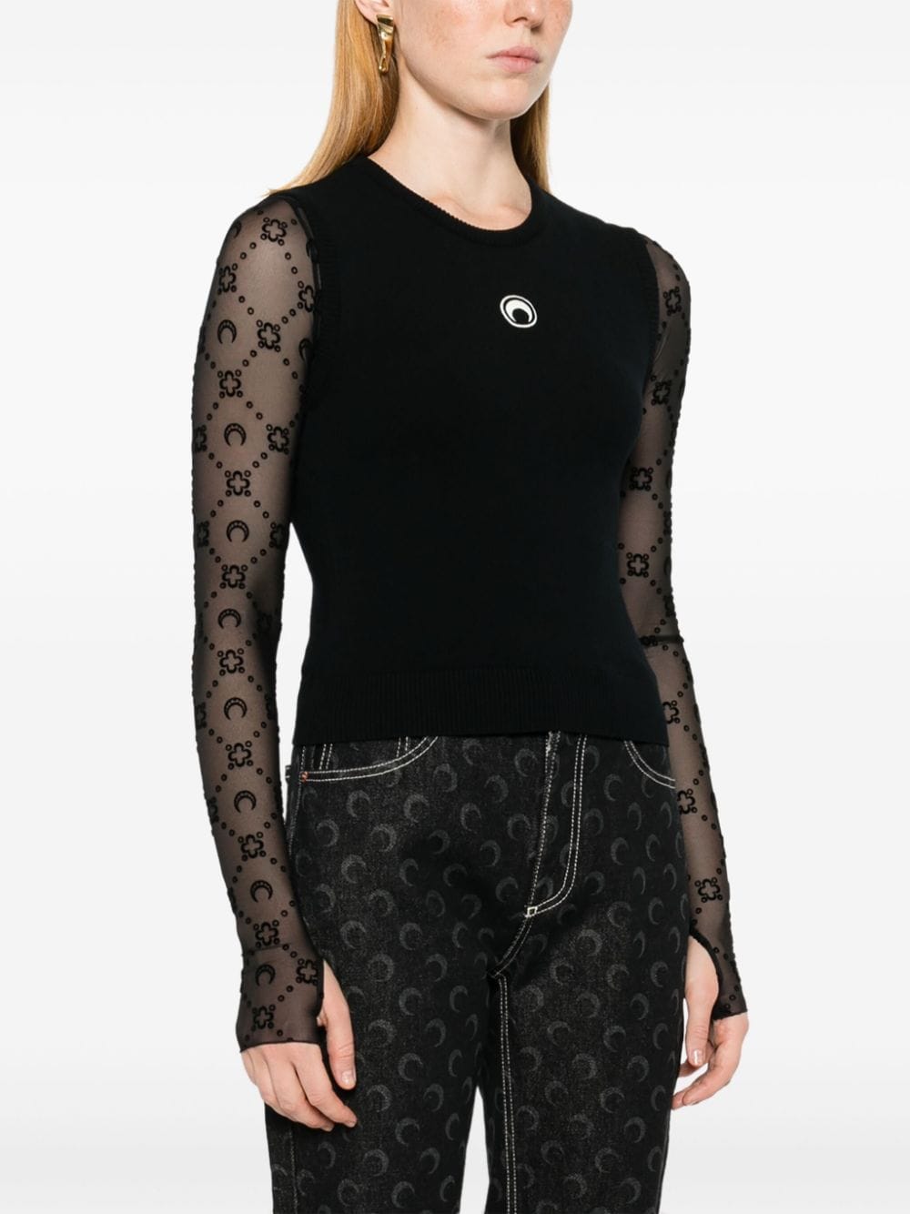 MARINE SERRE Black Embroidered Crescent Moon Sleeveless Top