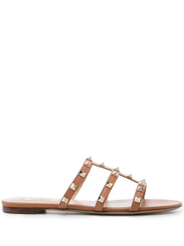 Valentino Garavani Rockstud Leather Flat Sandals - Leather Brown