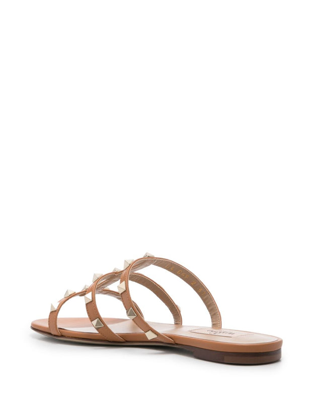 Valentino Garavani Rockstud Leather Flat Sandals - Leather Brown