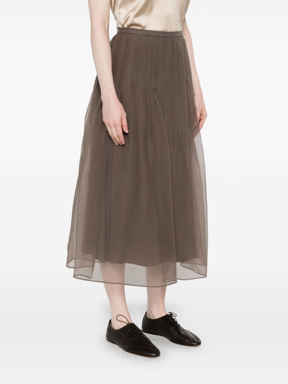 Brunello Cucinelli Silk Midi Skirt Olive Brown