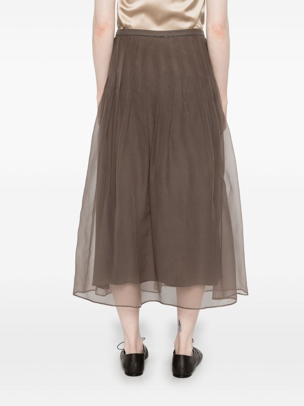 Brunello Cucinelli Silk Midi Skirt Olive Brown