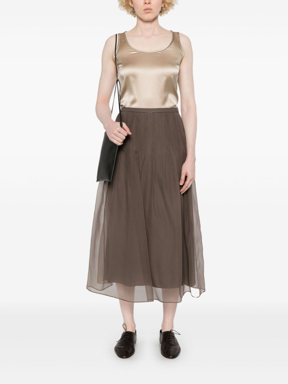 Brunello Cucinelli Silk Midi Skirt Olive Brown