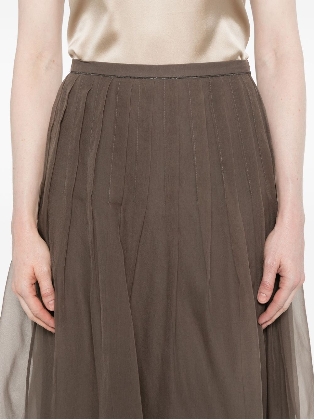 Brunello Cucinelli Silk Midi Skirt Olive Brown