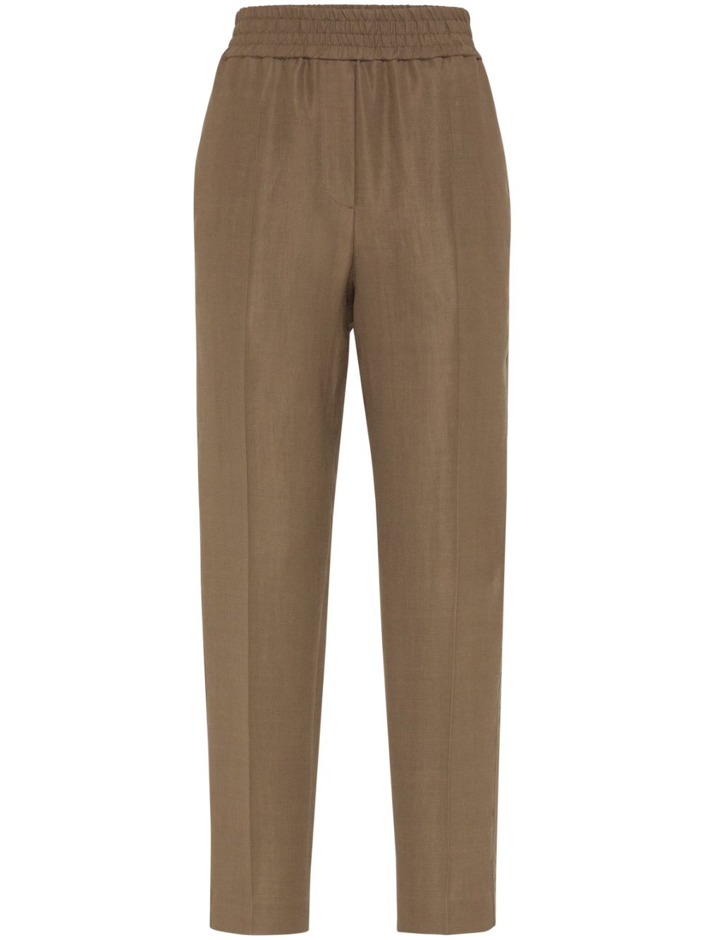 Brunello Cucinelli Olive Brown Tapered Leg Pants With Pressed Crease