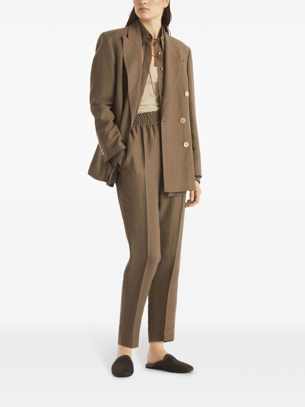 Brunello Cucinelli Olive Brown Tapered Leg Pants With Pressed Crease