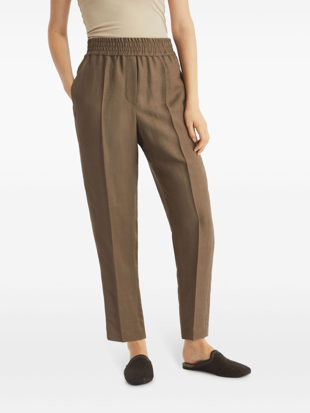 Brunello Cucinelli Olive Brown Tapered Leg Pants With Pressed Crease