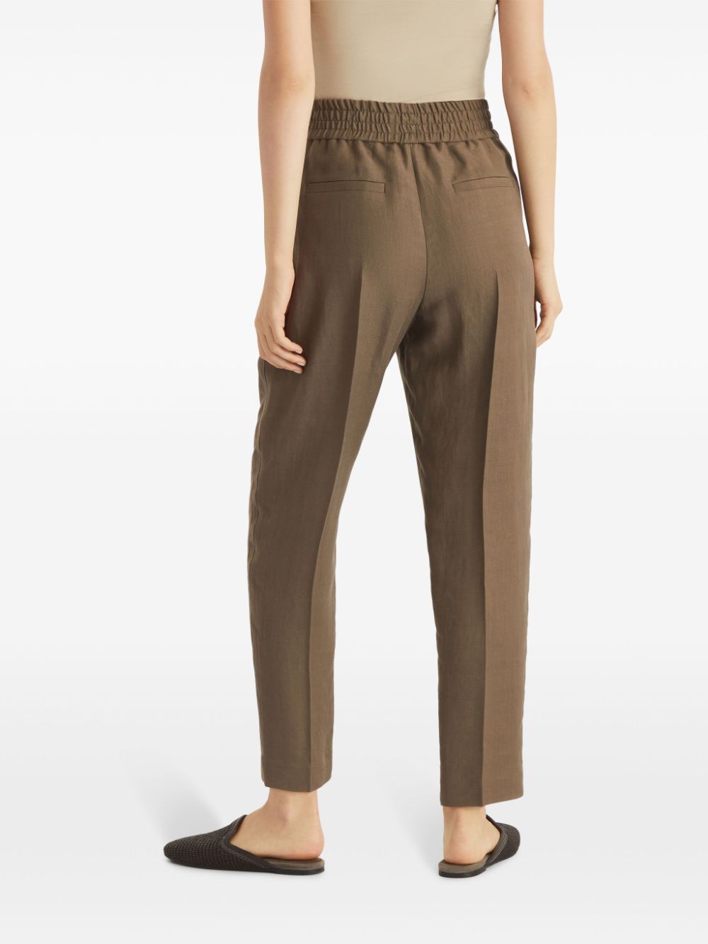 Brunello Cucinelli Olive Brown Tapered Leg Pants With Pressed Crease