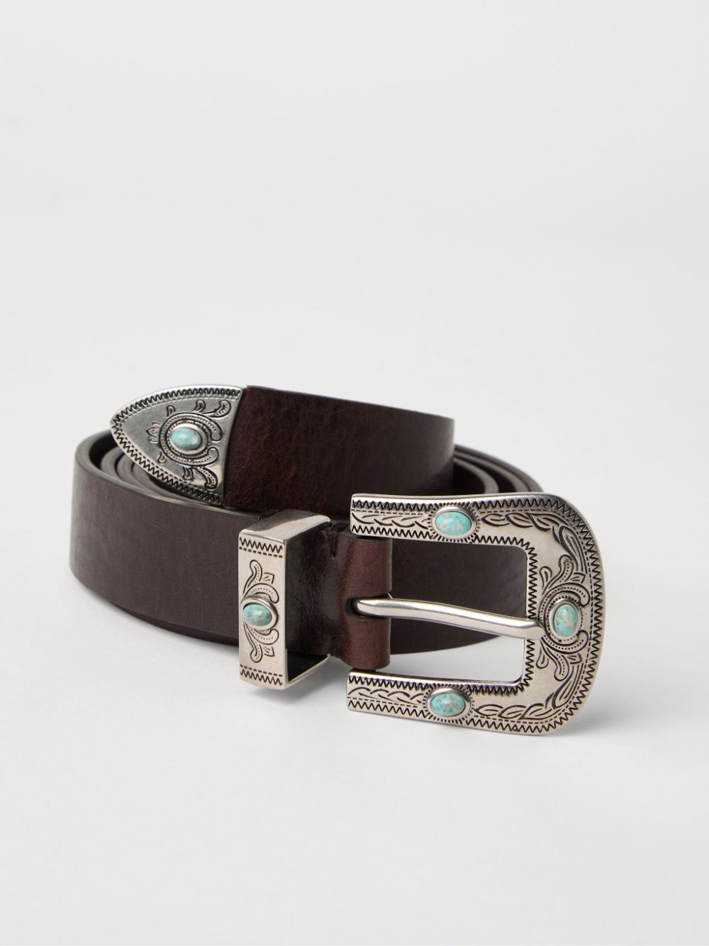 Brunello Cucinelli Brown Leather Belt With Turquoise Stone