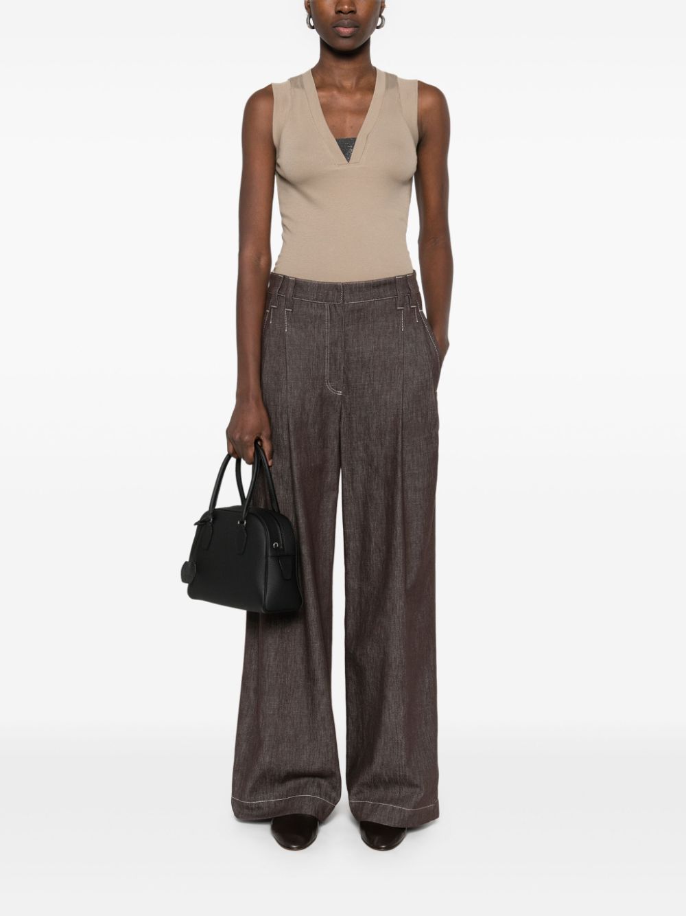 Brunello Cucinelli Taupe V-Neck Sleeveless Top