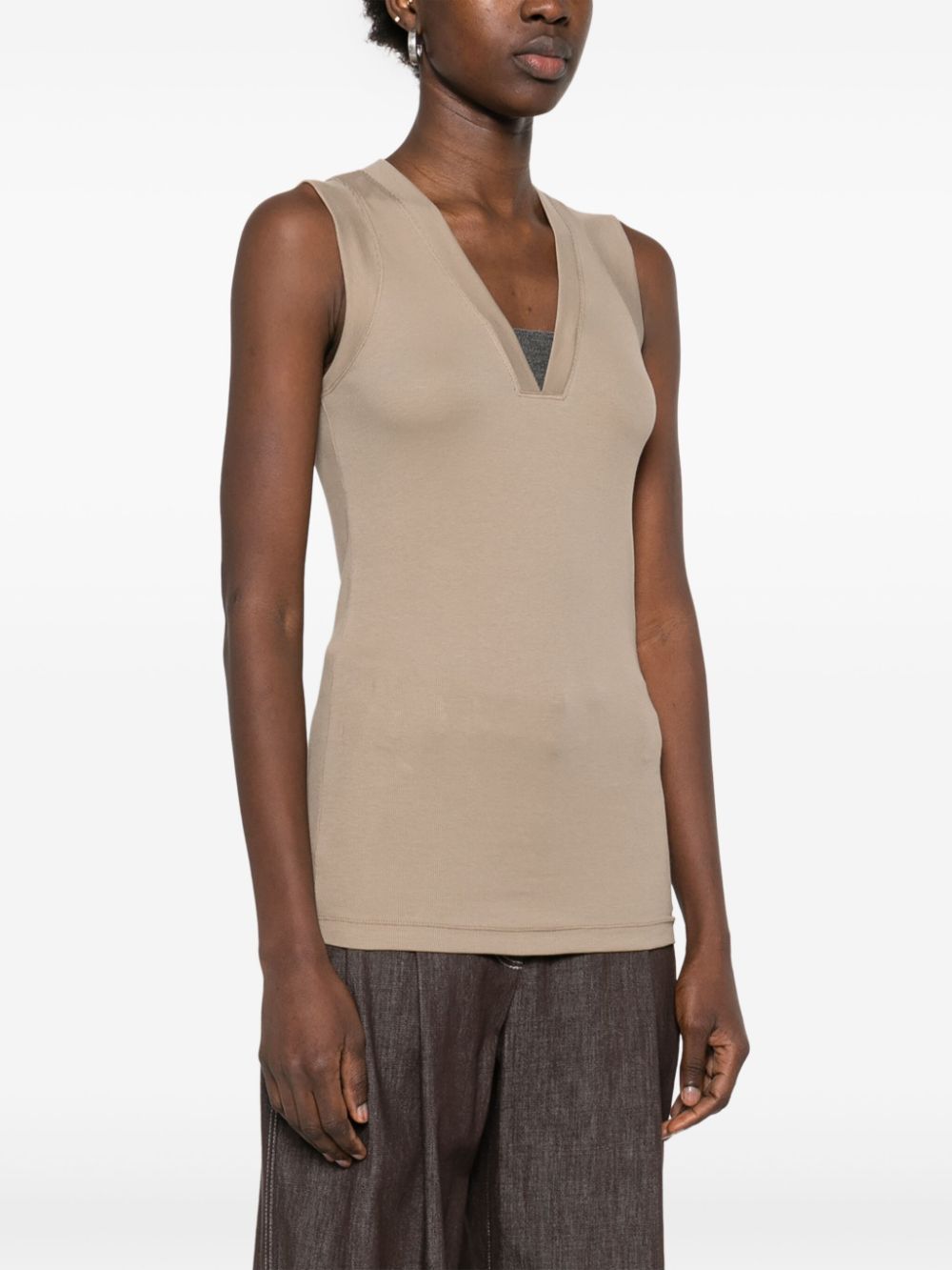 Brunello Cucinelli Taupe V-Neck Sleeveless Top