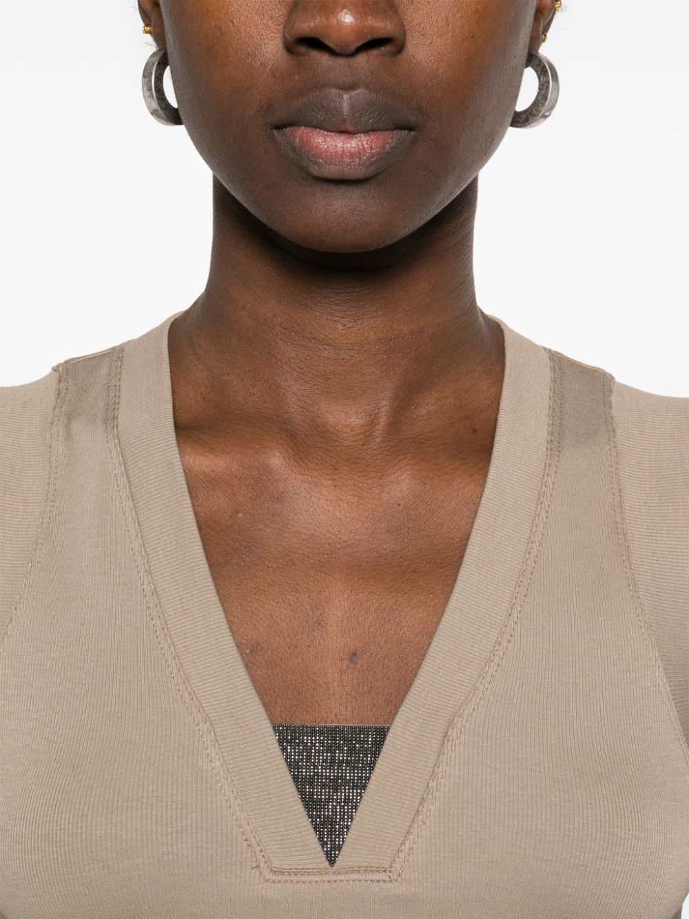 Brunello Cucinelli Taupe V-Neck Sleeveless Top