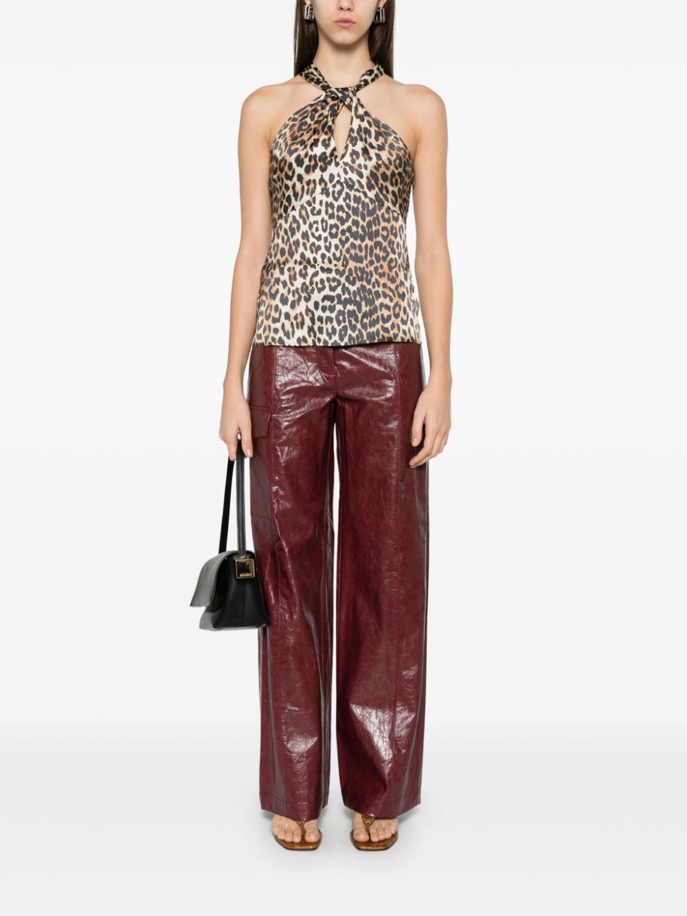 GANNI Leopard Print Satin Top Brown