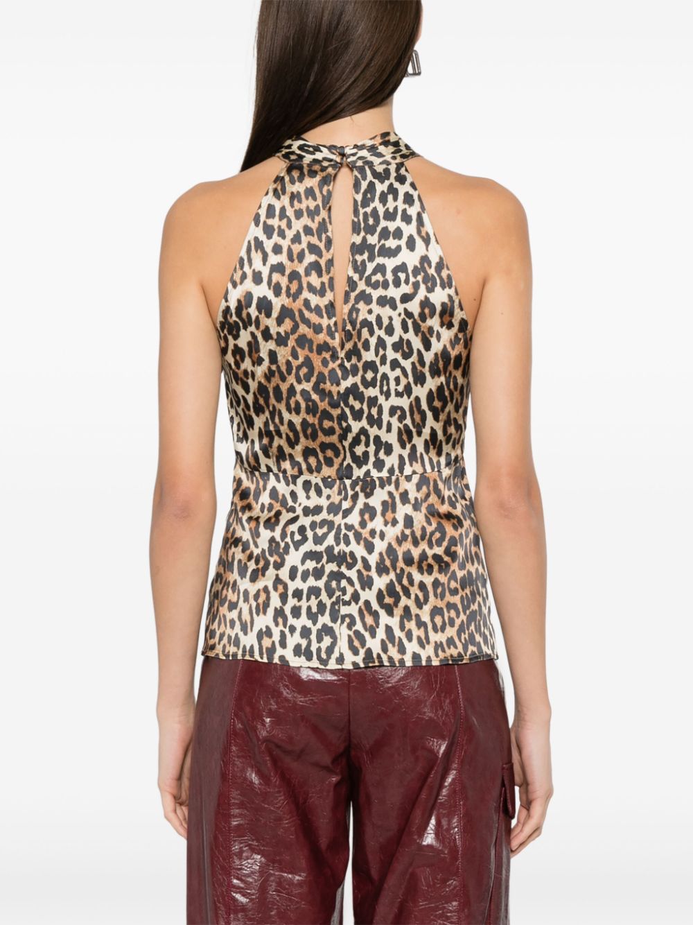 GANNI Leopard Print Satin Top Brown