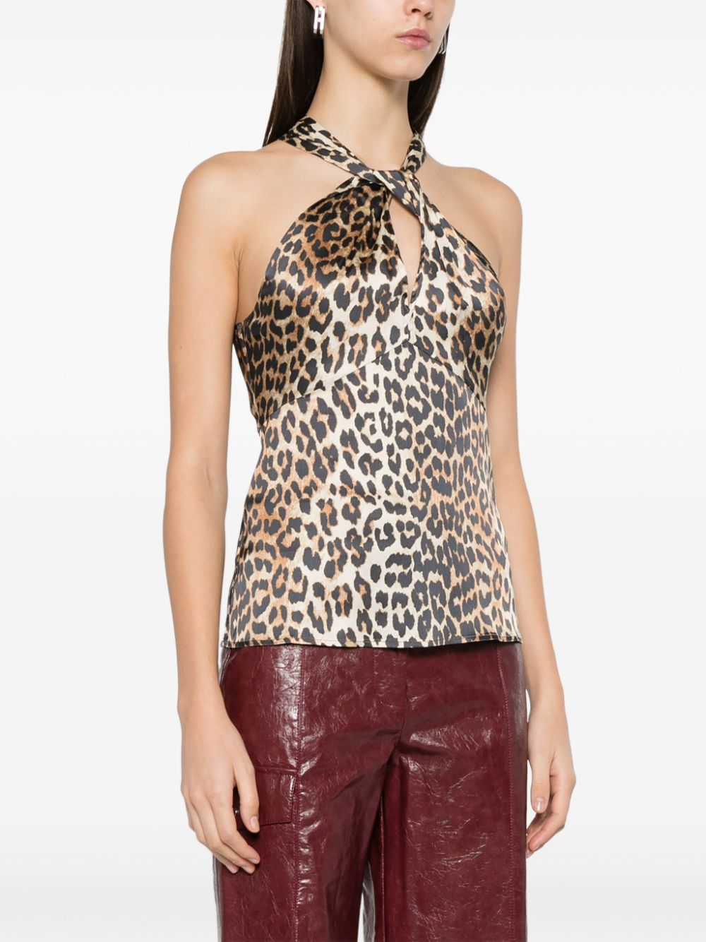 GANNI Leopard Print Satin Top Brown