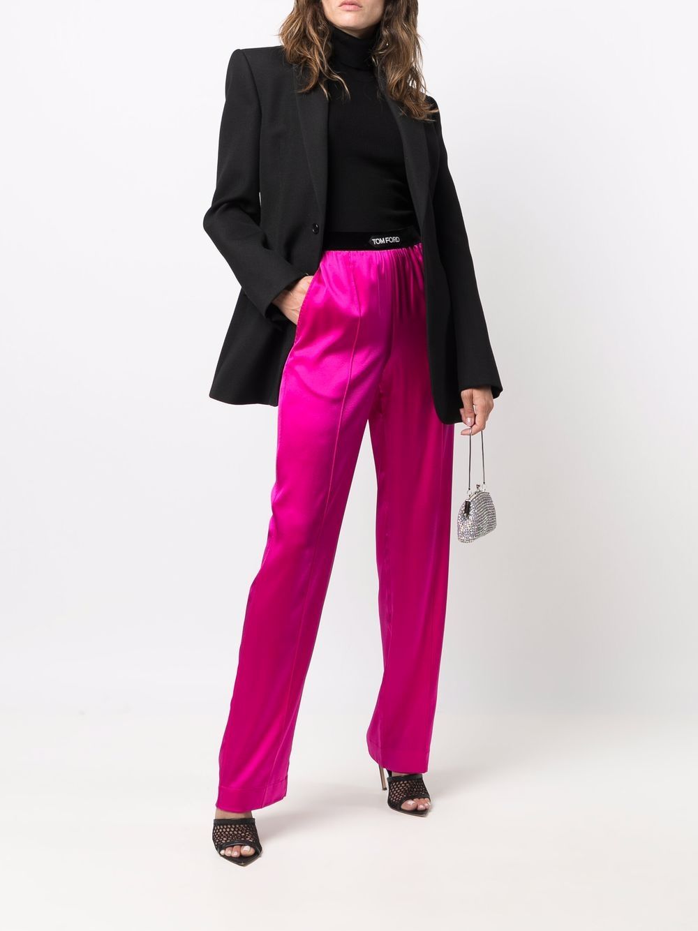 Tom Ford Logo Band Straight Leg Silk Pants