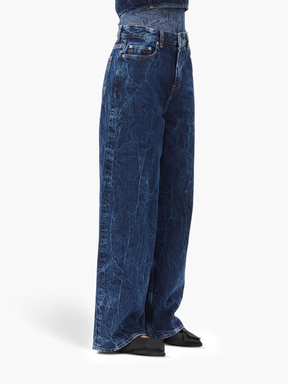 GANNI Organic Cotton Blend Denim Wide Leg Jeans With Crinkle Effect