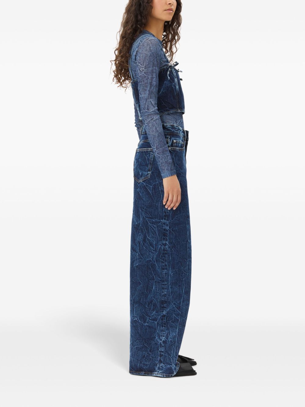 GANNI Organic Cotton Blend Denim Wide Leg Jeans With Crinkle Effect