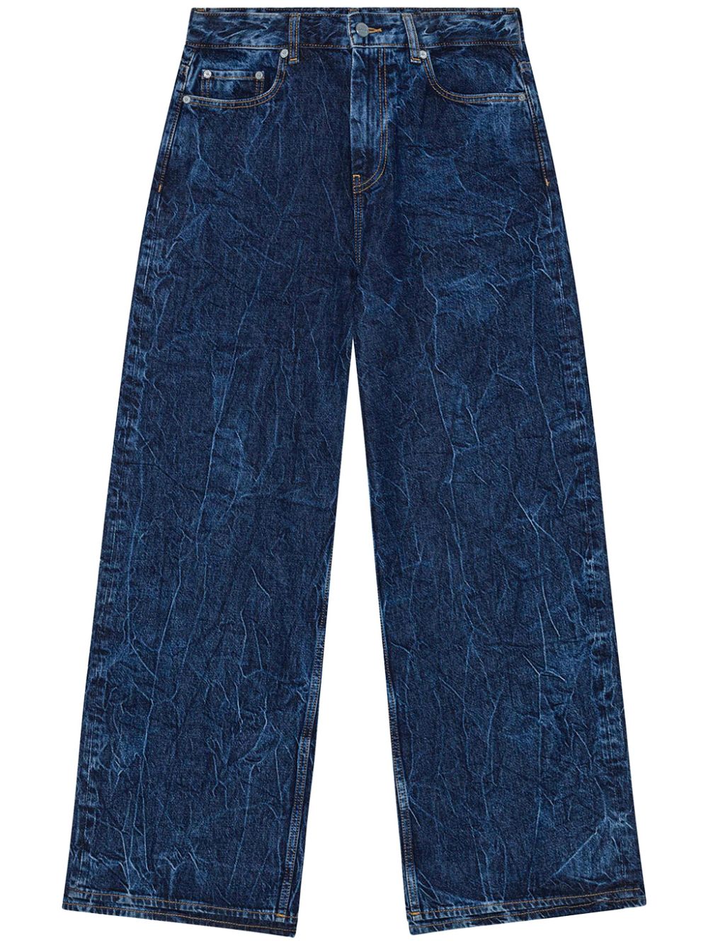 GANNI Organic Cotton Blend Denim Wide Leg Jeans With Crinkle Effect