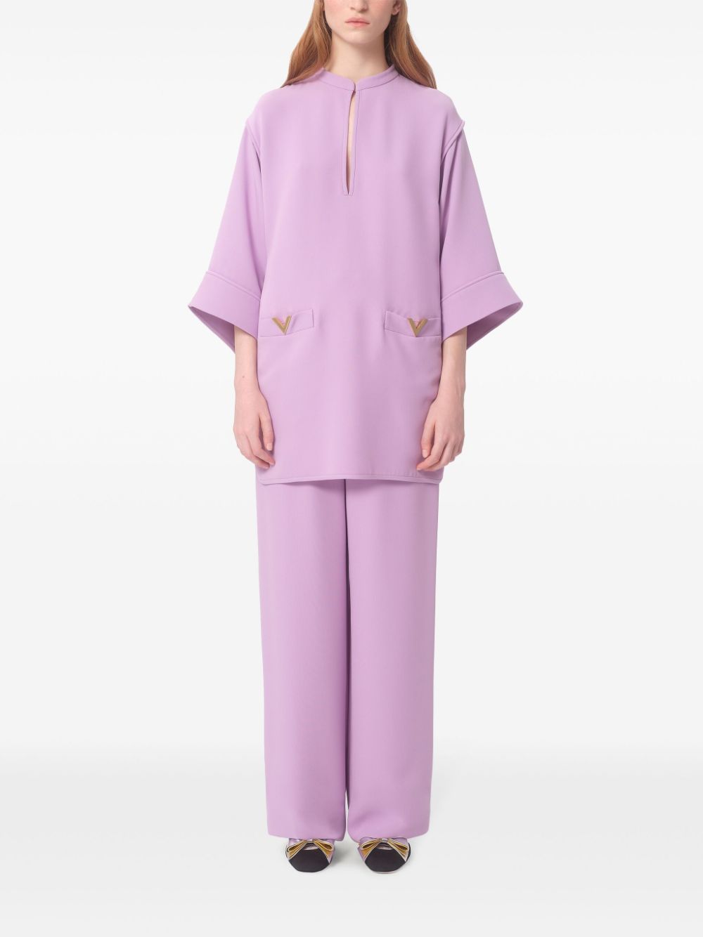 Valentino Lilac Purple Silk Cady Split Neck V Detail Top