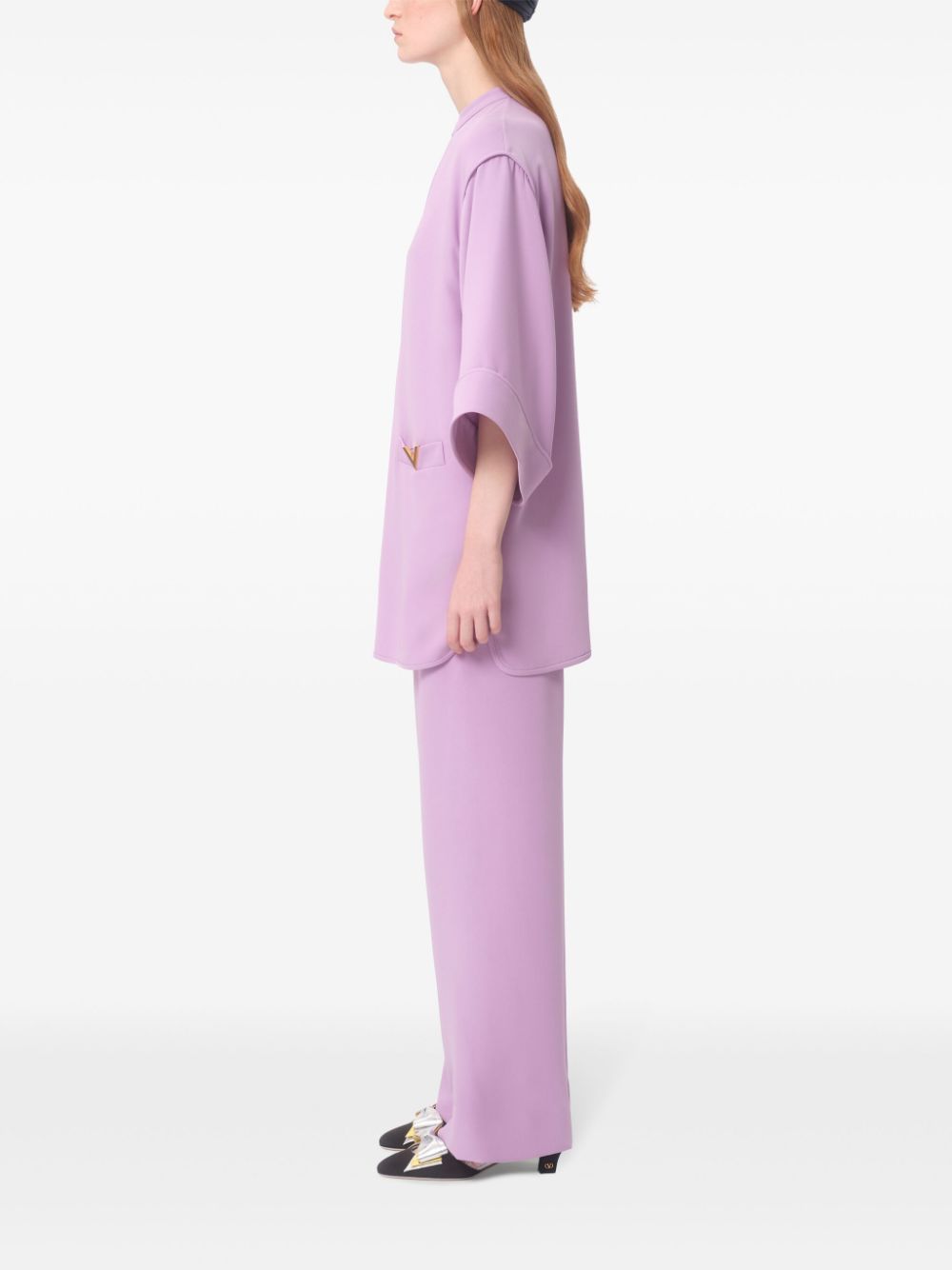 Valentino Lilac Purple Silk Cady Split Neck V Detail Top