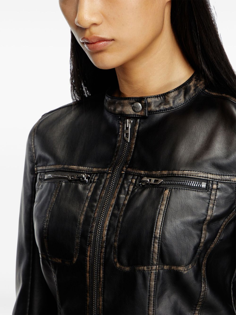 Diesel Cropped Distressed Biker Jacket Black