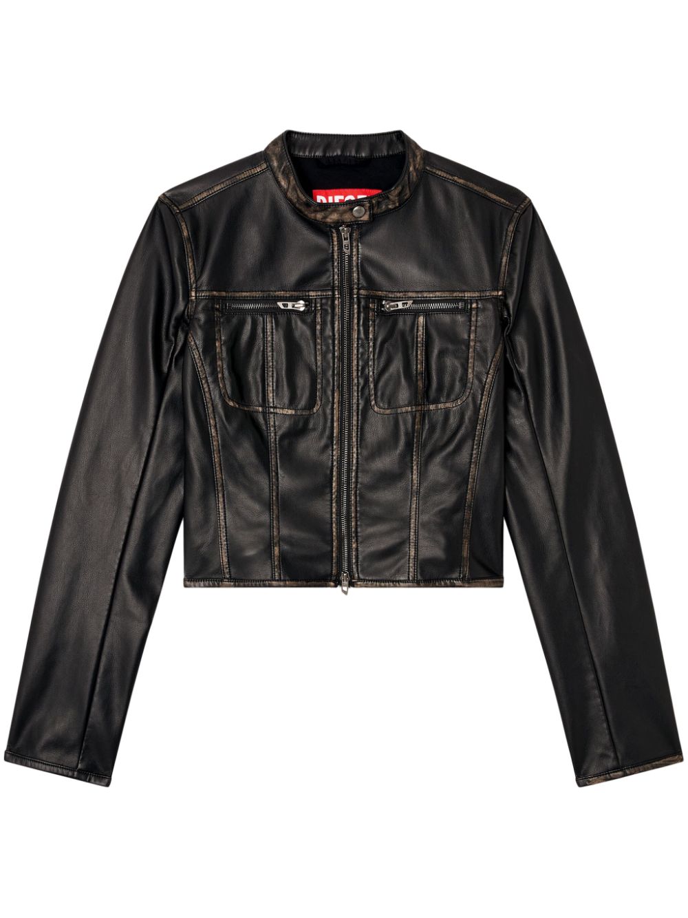 Diesel Cropped Distressed Biker Jacket Black