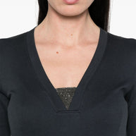 Brunello Cucinelli Navy Blue V-Neck Stretch Cotton Top