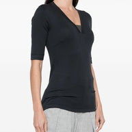 Brunello Cucinelli Navy Blue V-Neck Stretch Cotton Top