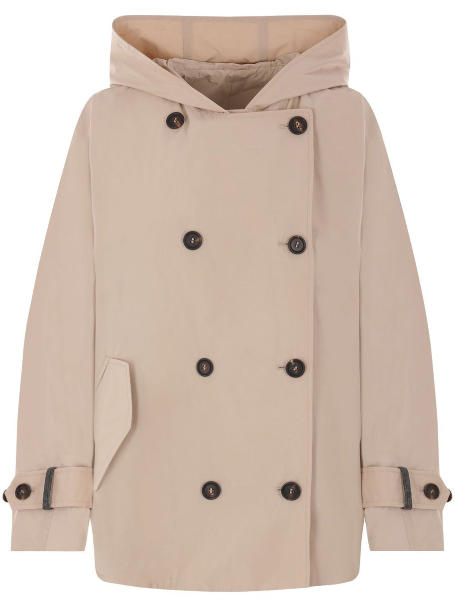 Brunello Cucinelli Hooded Double Breasted Coat In Beige