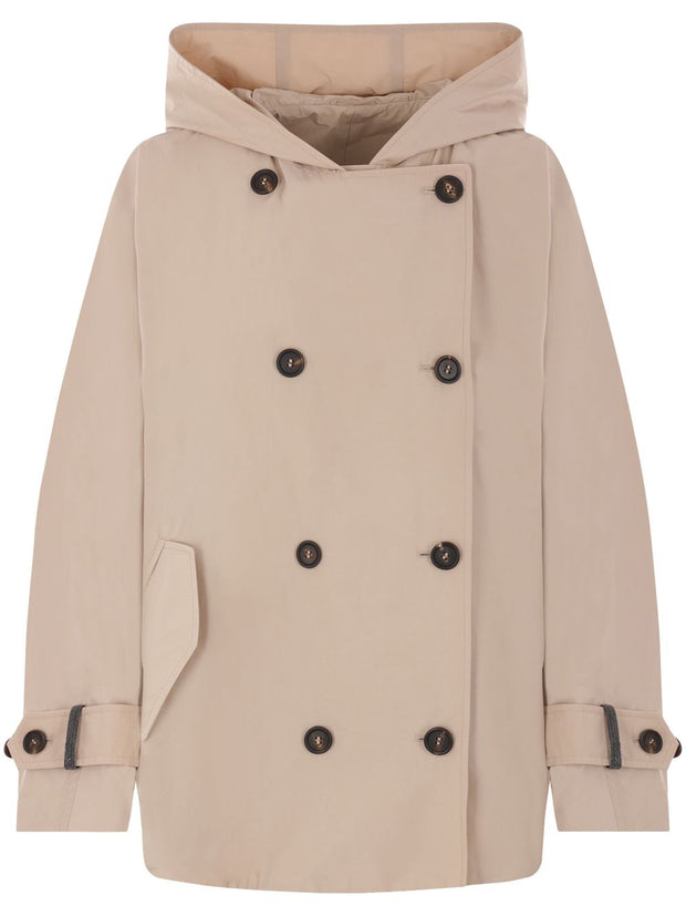 Brunello Cucinelli Hooded Double Breasted Coat In Beige