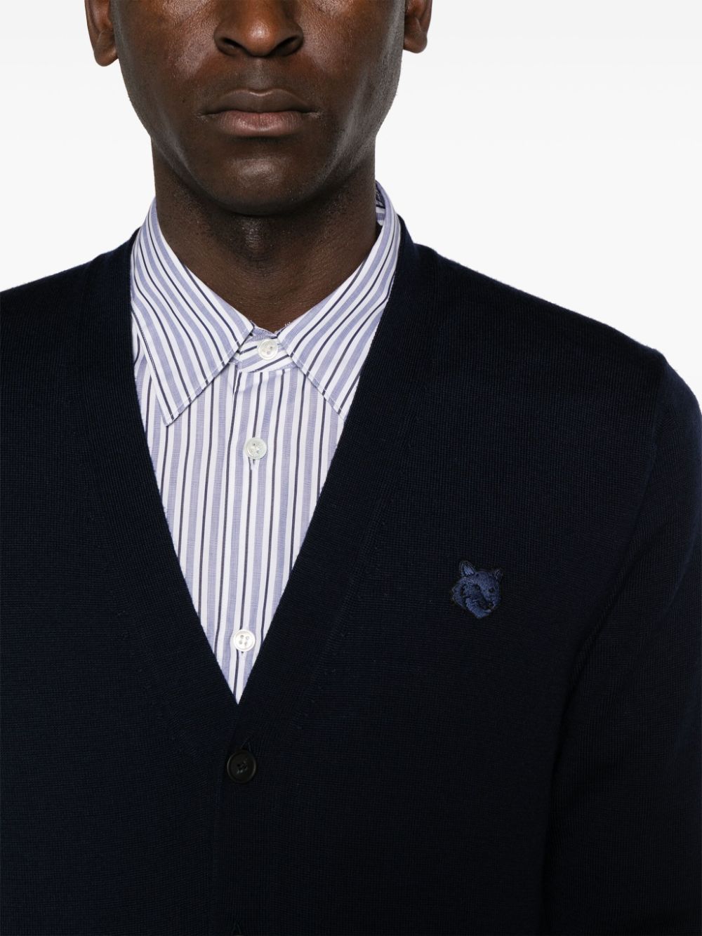 MAISON KITSUNE' Fox Patch V-neck Wool Cardigan Blue