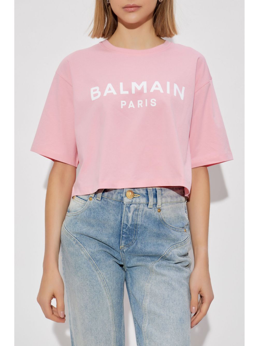 Balmain Pink Cropped Logo Print T-shirt