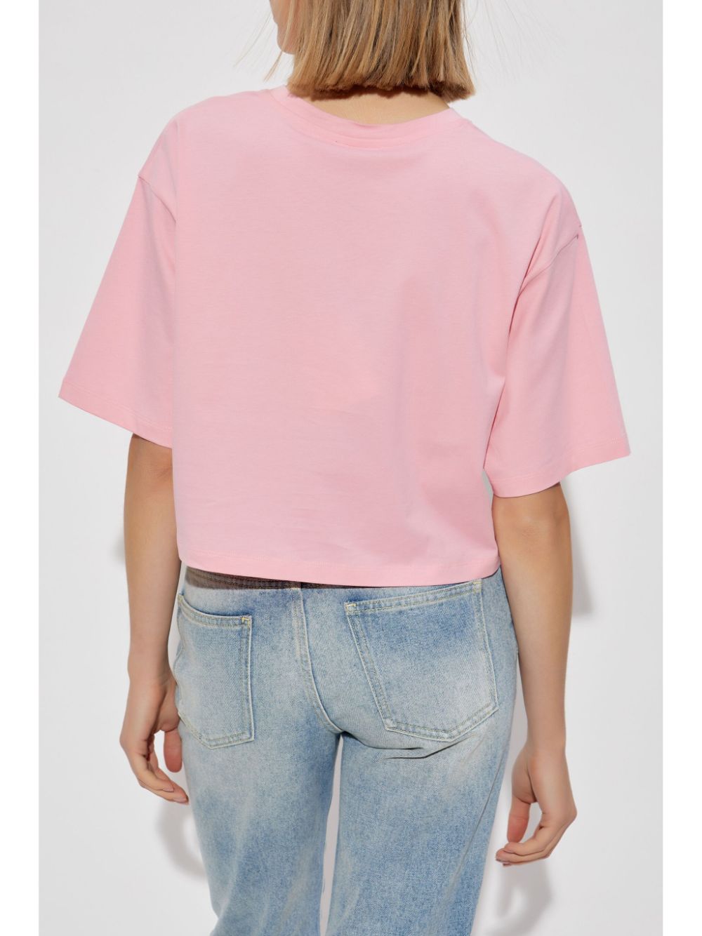 Balmain Pink Cropped Logo Print T-shirt