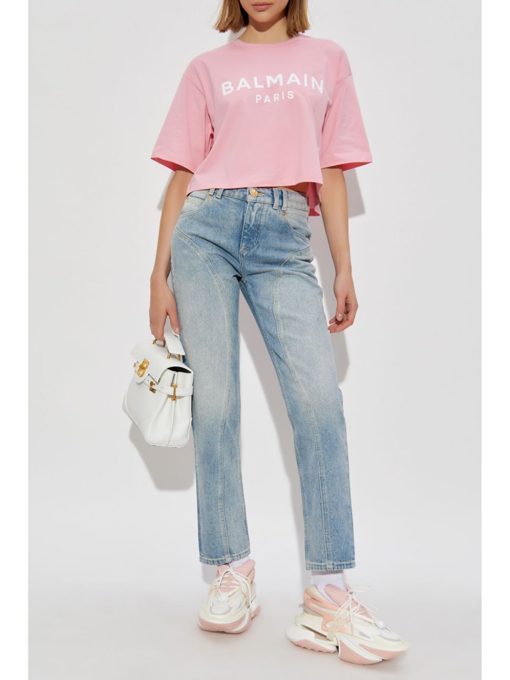 Balmain Pink Cropped Logo Print T-shirt