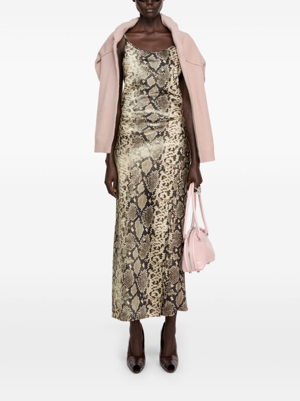 Acne Studios Satin Python Print Midi Dress Brown