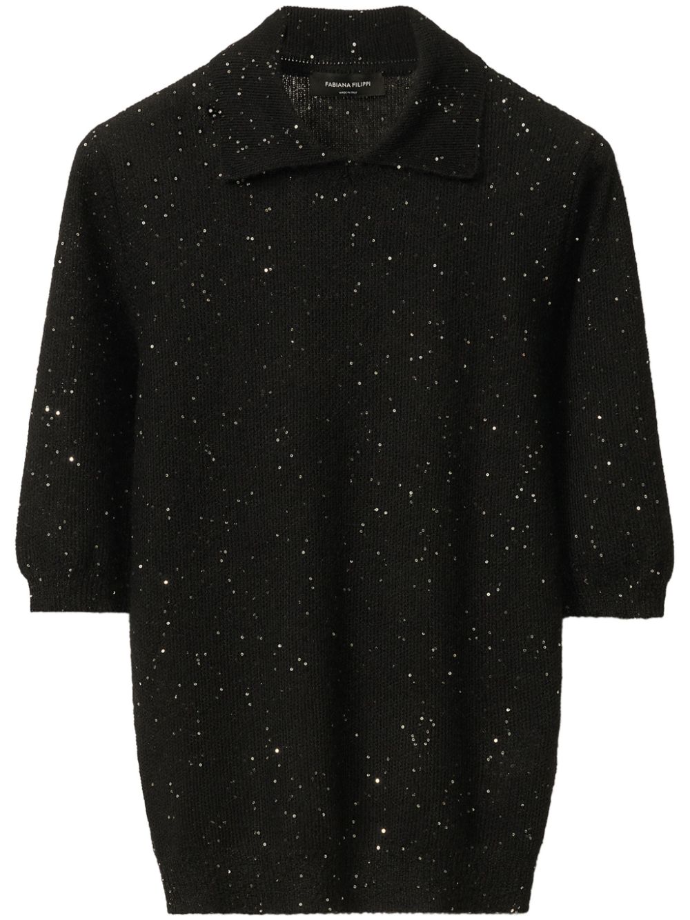 Fabiana Filippi Black Soft Wool Sweater With Polo Collar And Sequin Detail