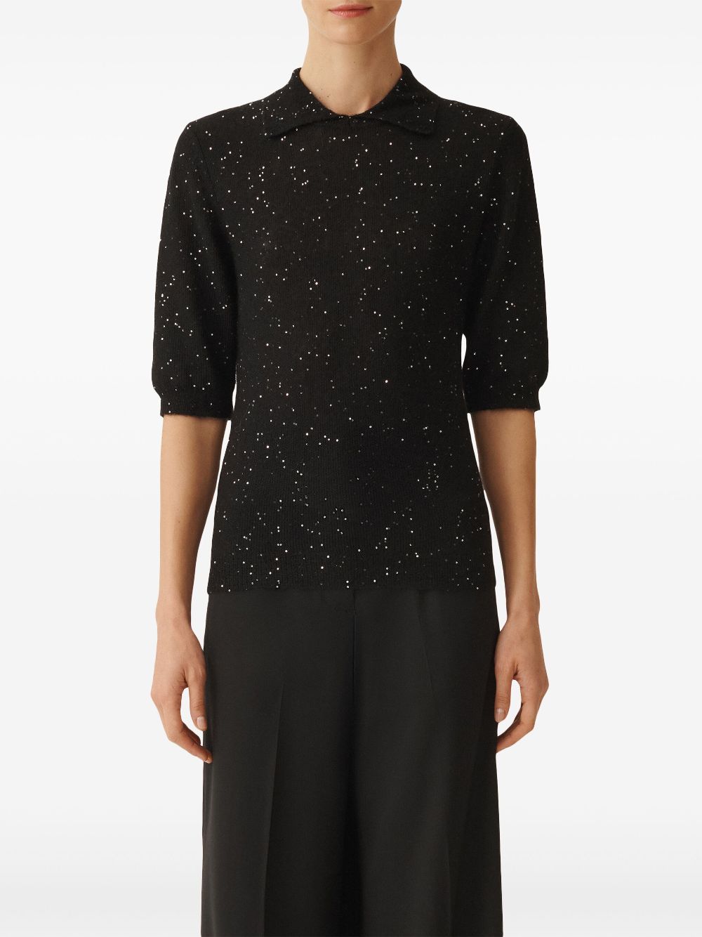 Fabiana Filippi Black Soft Wool Sweater With Polo Collar And Sequin Detail