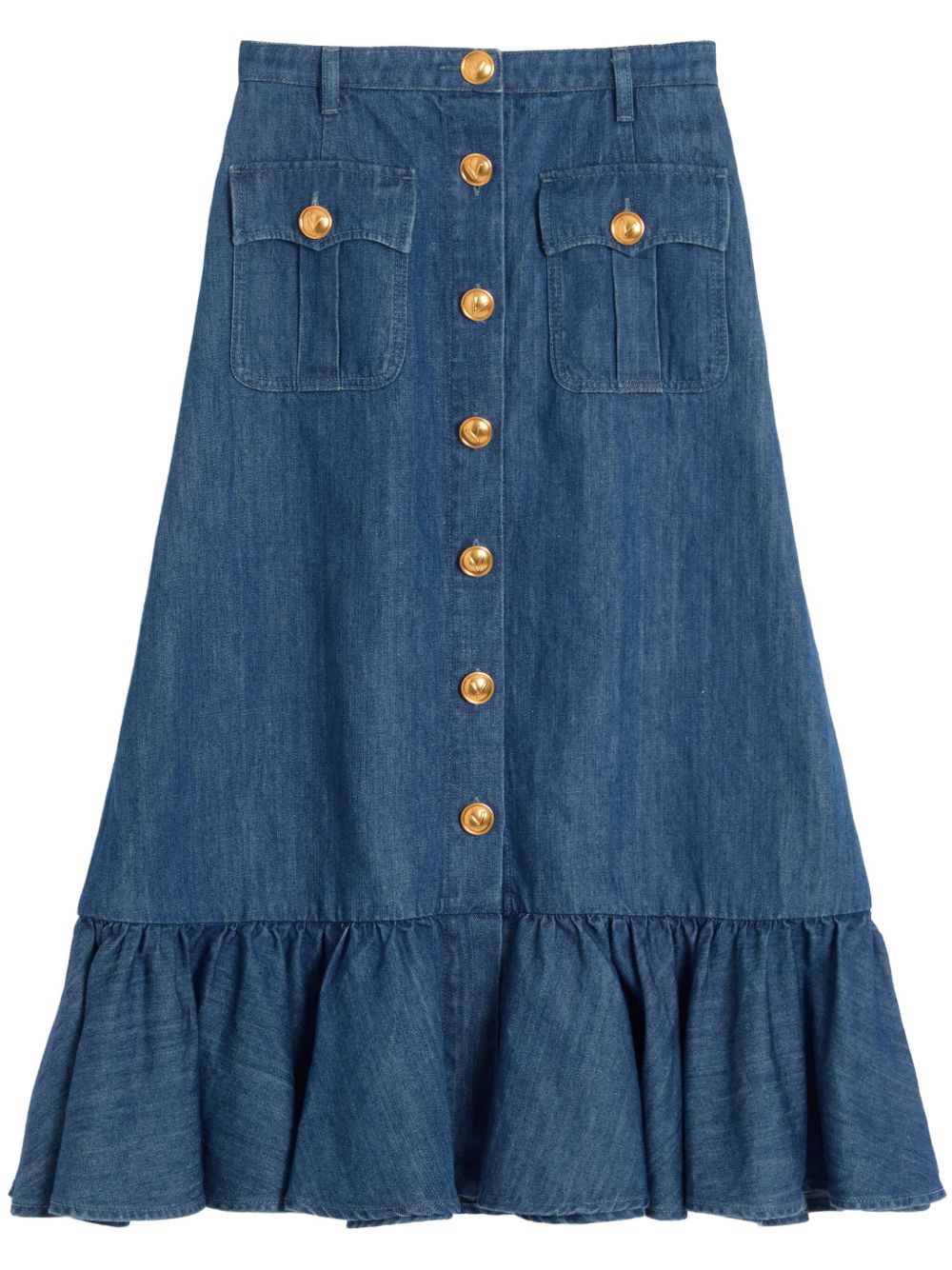 Valentino Blue Denim Midi Skirt With Ruffle Detail