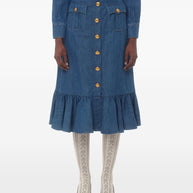 Valentino Blue Denim Midi Skirt With Ruffle Detail