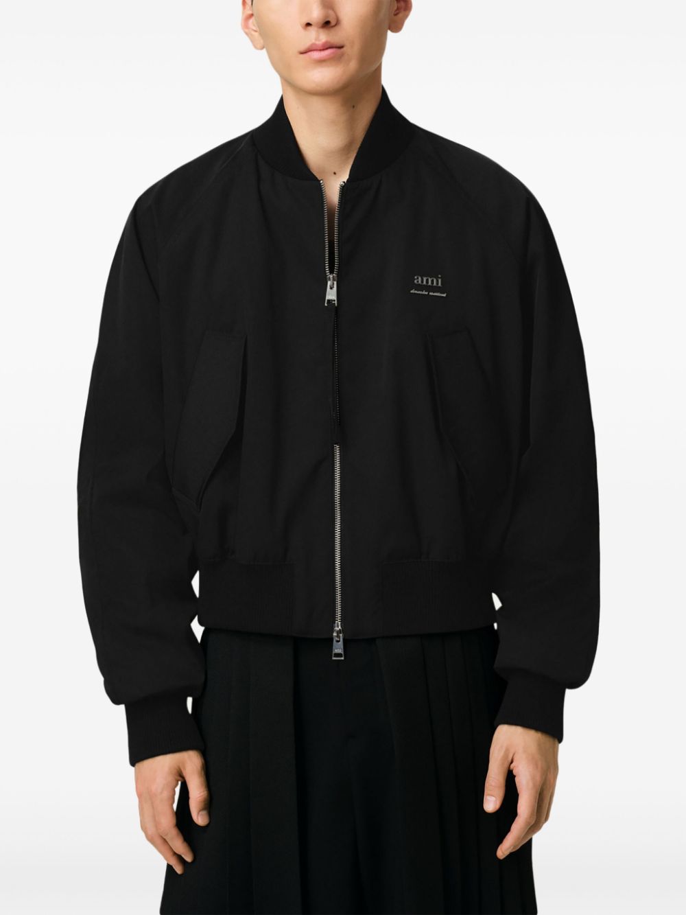 Ami Paris Bomber Jacket In Technical Twill Black