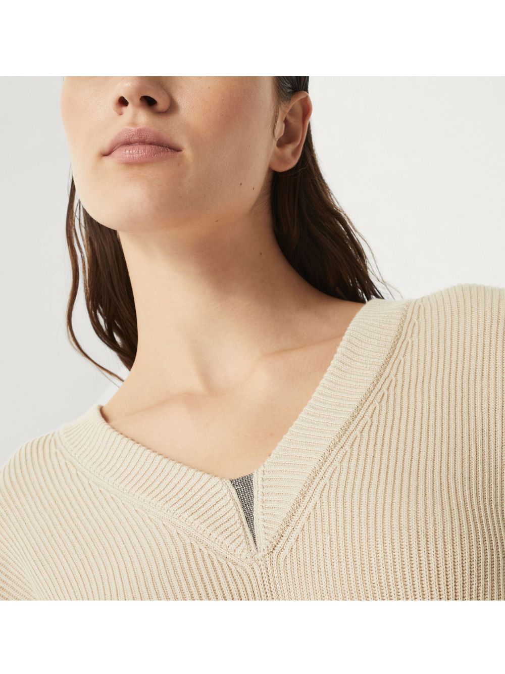 Brunello Cucinelli Ribbed V-neck Top Beige