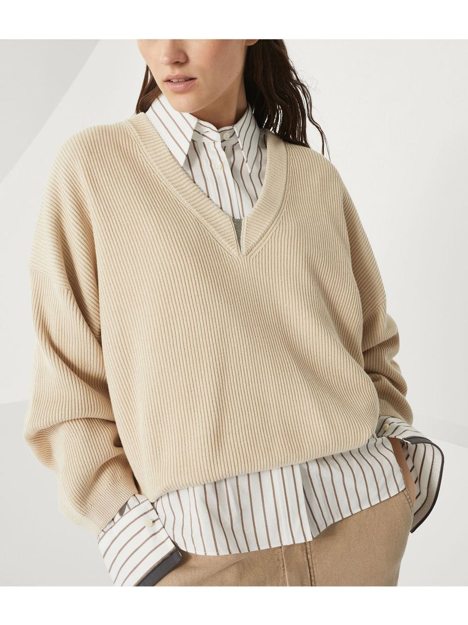 Brunello Cucinelli Ribbed V-neck Top In Beige
